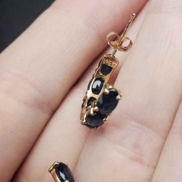 14k solid yellow gold earrings with blue sapphire 3g Hoop Earrings - Picture 5 of 7